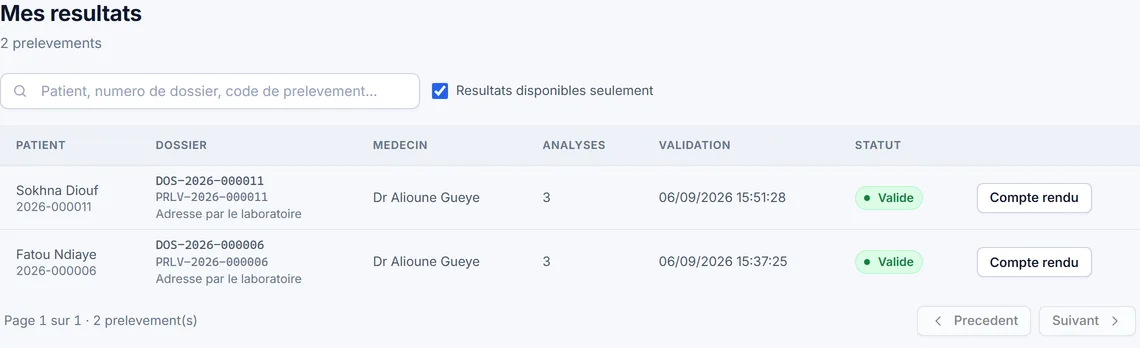 L'écran « Mes résultats » d'un correspondant : une ligne de patiente portant la mention « adressé par le laboratoire », son statut validé et le bouton de téléchargement du compte rendu.