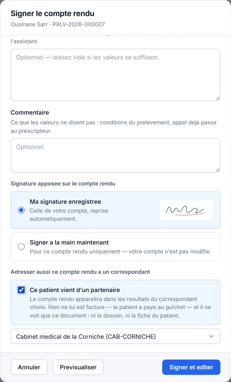 La boîte de signature d'un compte rendu : le choix de la signature apposée, puis le bloc « Adresser aussi ce compte rendu à un correspondant » avec sa case cochée et le cabinet choisi dans la liste.